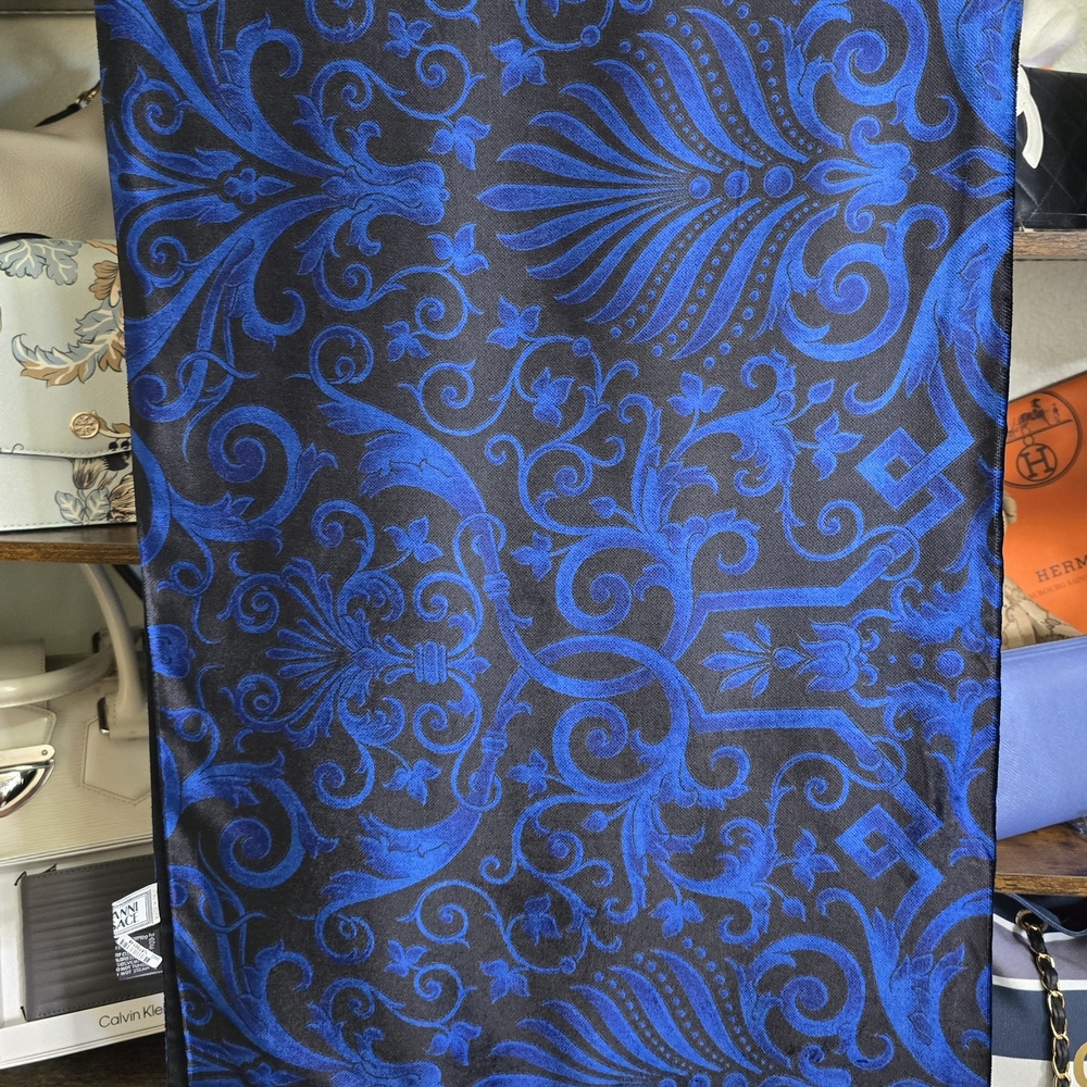 Gianni Versace Vintage Blue and Black Baroque Silk Scarf - EUC